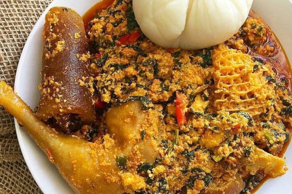 Fufu with Egusi Soup, Meat, and Chicken